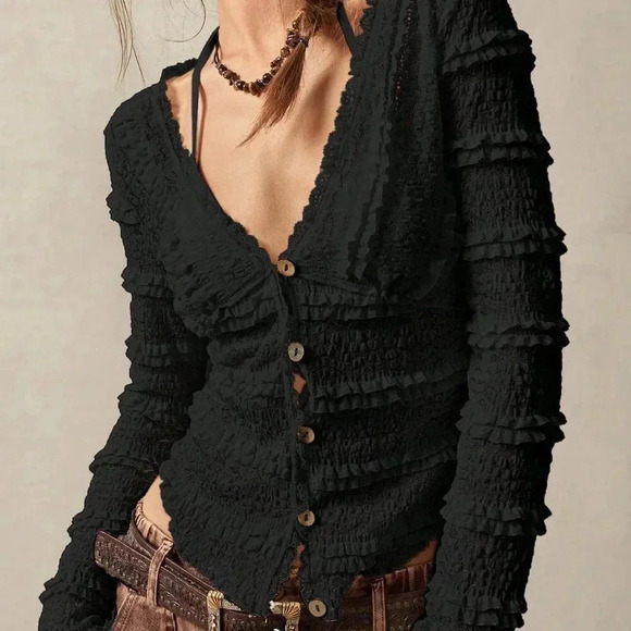 Tops - Black Casual Women's V-Neck Long Sleeve Fitted Regular Blouse